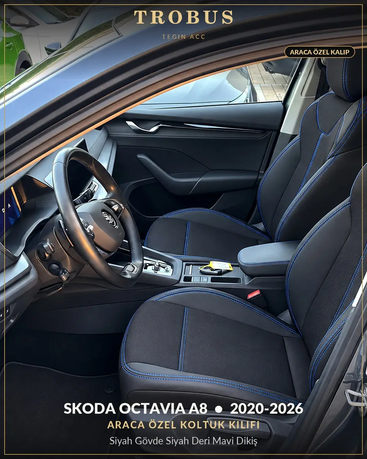 Skoda Octavia A8 2020-2026 Araca Özel Koltuk Kılıfı Siyah Gövde Siyah Deri Mavi Dikiş (1)