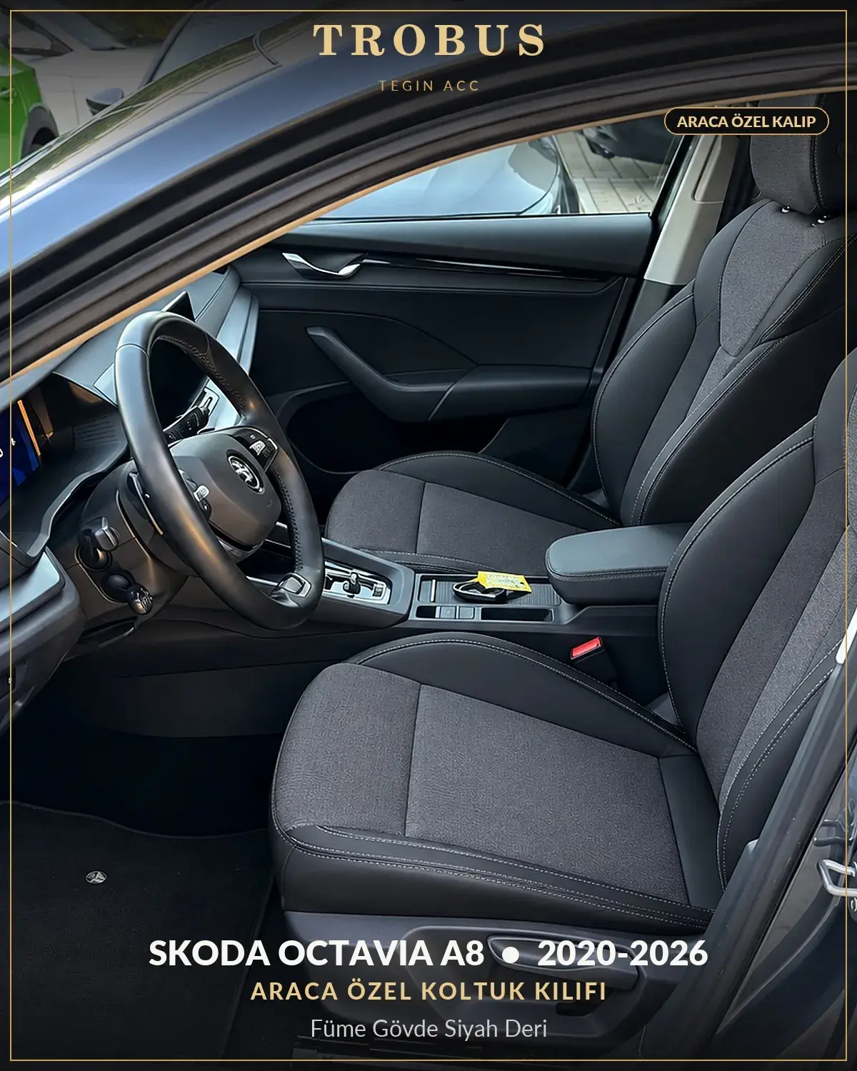 Skoda Octavia A8 2020-2026 Araca Özel Koltuk Kılıfı Füme Gövde Siyah Deri (1)