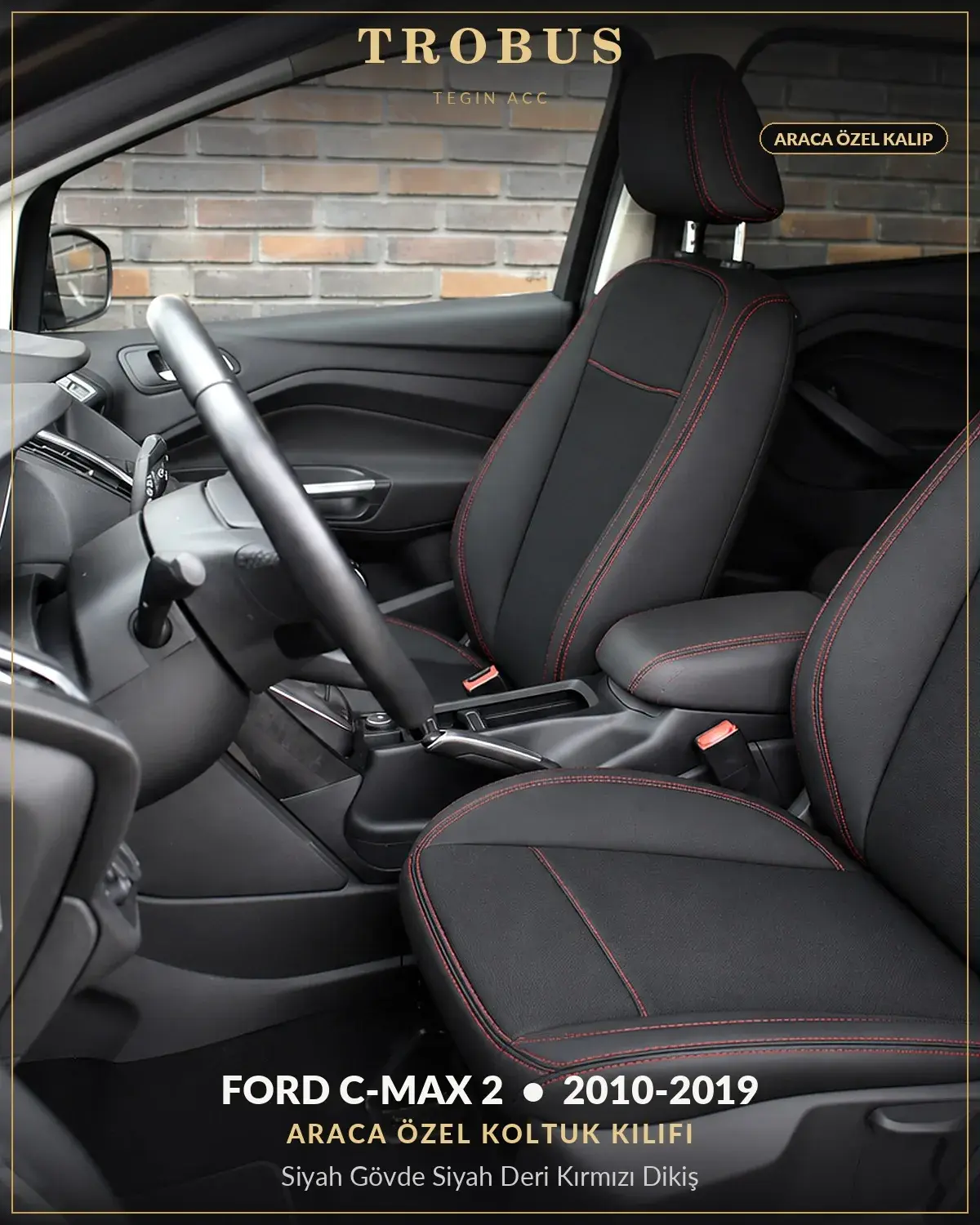 Ford C-Max 2 2010-2019 Araca Özel Koltuk Kılıfı Siyah Gövde Siyah Deri Kırmızı Dikiş (1)