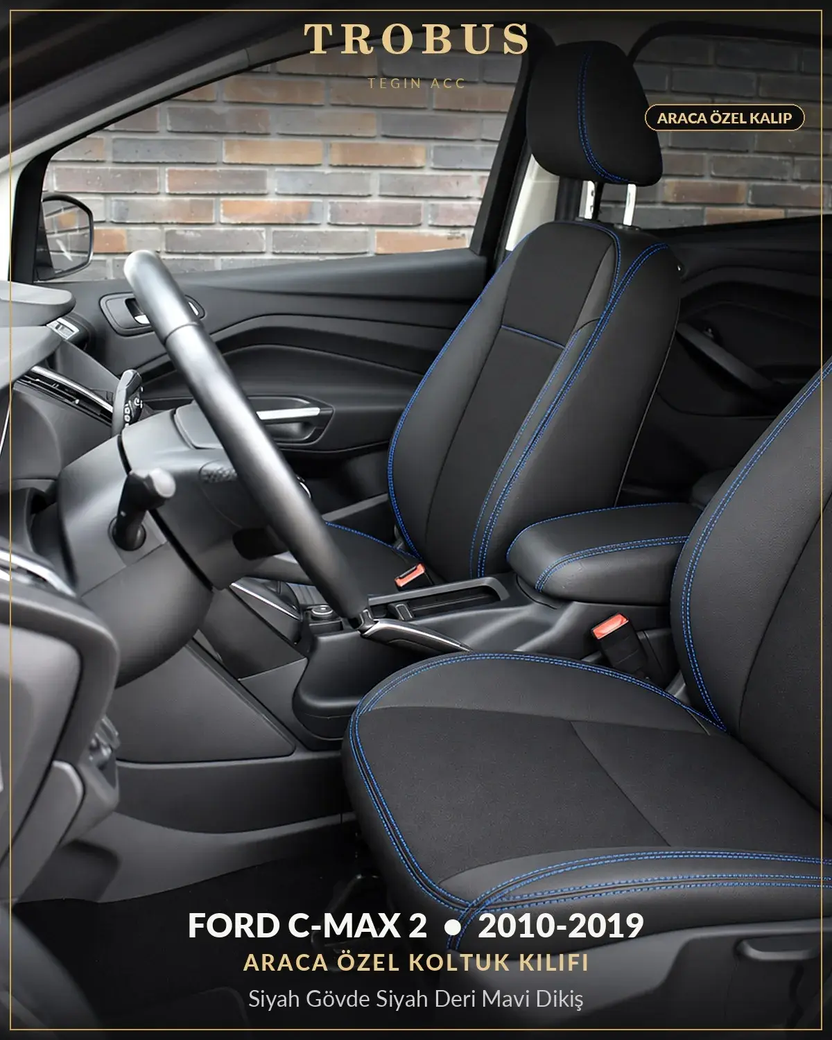 Ford C-Max 2 2010-2019 Araca Özel Koltuk Kılıfı Siyah Gövde Siyah Deri Mavi Dikiş (1)