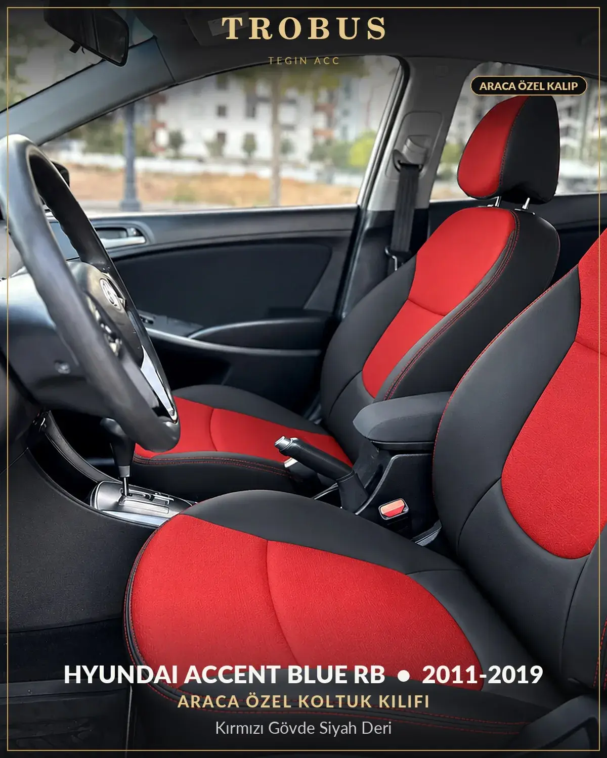 Hyundai Accent Blue RB 2011-2019 Araca Özel Koltuk Kılıfı Kırmızı Gövde Siyah Deri (1)