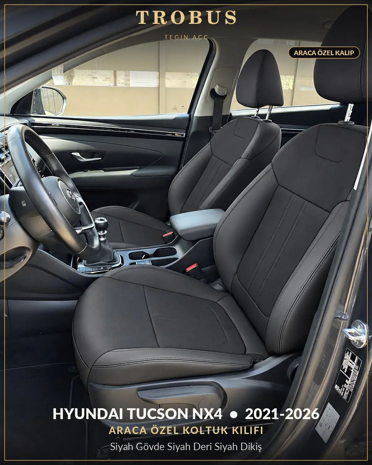 Hyundai Tucson NX4 2021-2026 Araca Özel Koltuk Kılıfı Siyah Gövde Siyah Deri Siyah Dikiş (1)