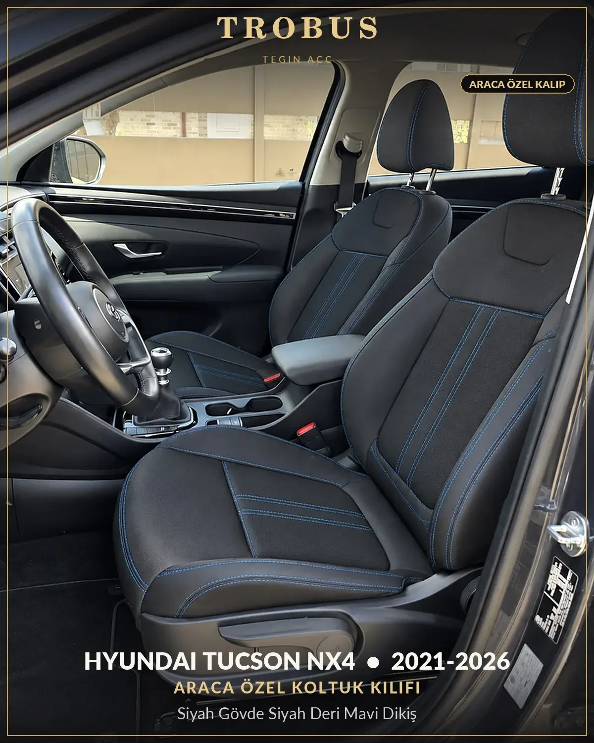 Hyundai Tucson NX4 2021-2026 Araca Özel Koltuk Kılıfı Siyah Gövde Siyah Deri Mavi Dikiş (1)