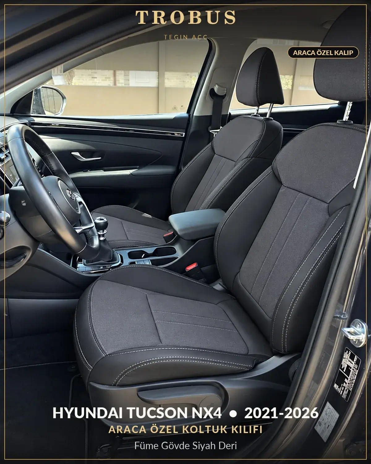 Hyundai Tucson NX4 2021-2026 Araca Özel Koltuk Kılıfı Füme Gövde Siyah Deri (1)