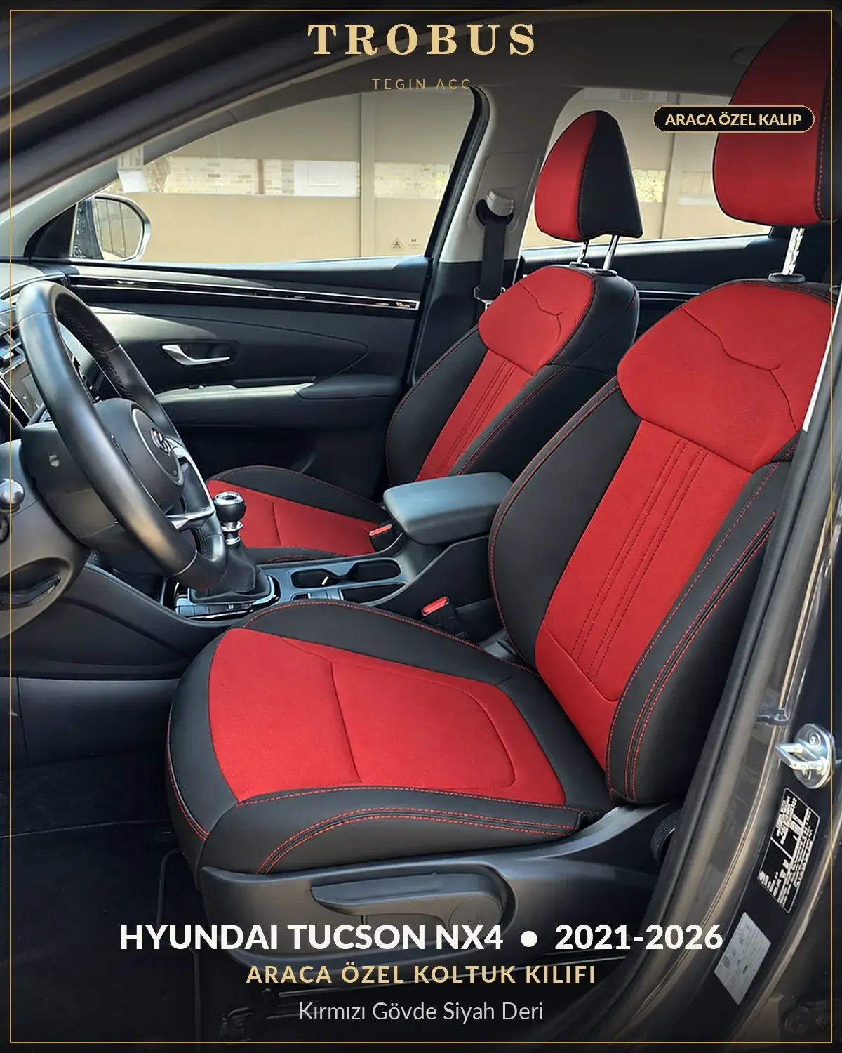 Hyundai Tucson NX4 2021-2026 Araca Özel Koltuk Kılıfı Kırmızı Gövde Siyah Deri (1)
