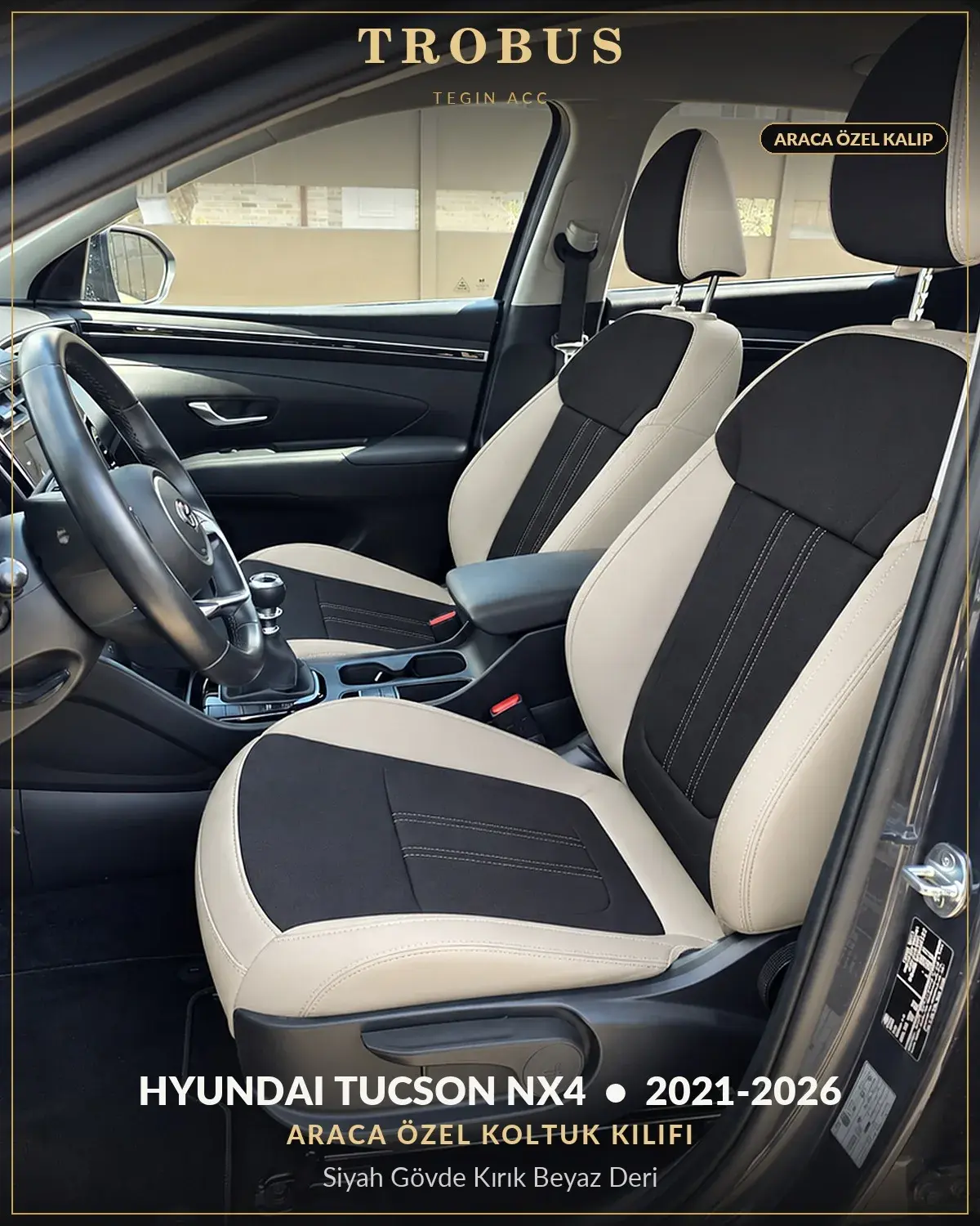 Hyundai Tucson NX4 2021-2026 Araca Özel Koltuk Kılıfı Siyah Gövde Kırık Beyaz Deri (1)