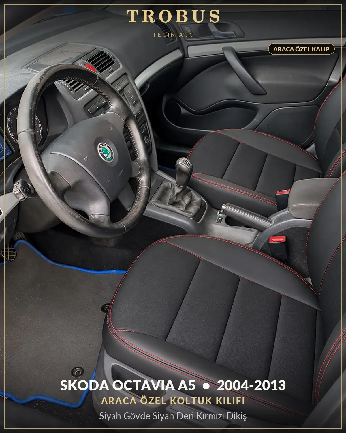 Skoda Octavia A5 2004-2013 Araca Özel Koltuk Kılıfı Siyah Gövde Siyah Deri Kırmızı Dikiş (1)