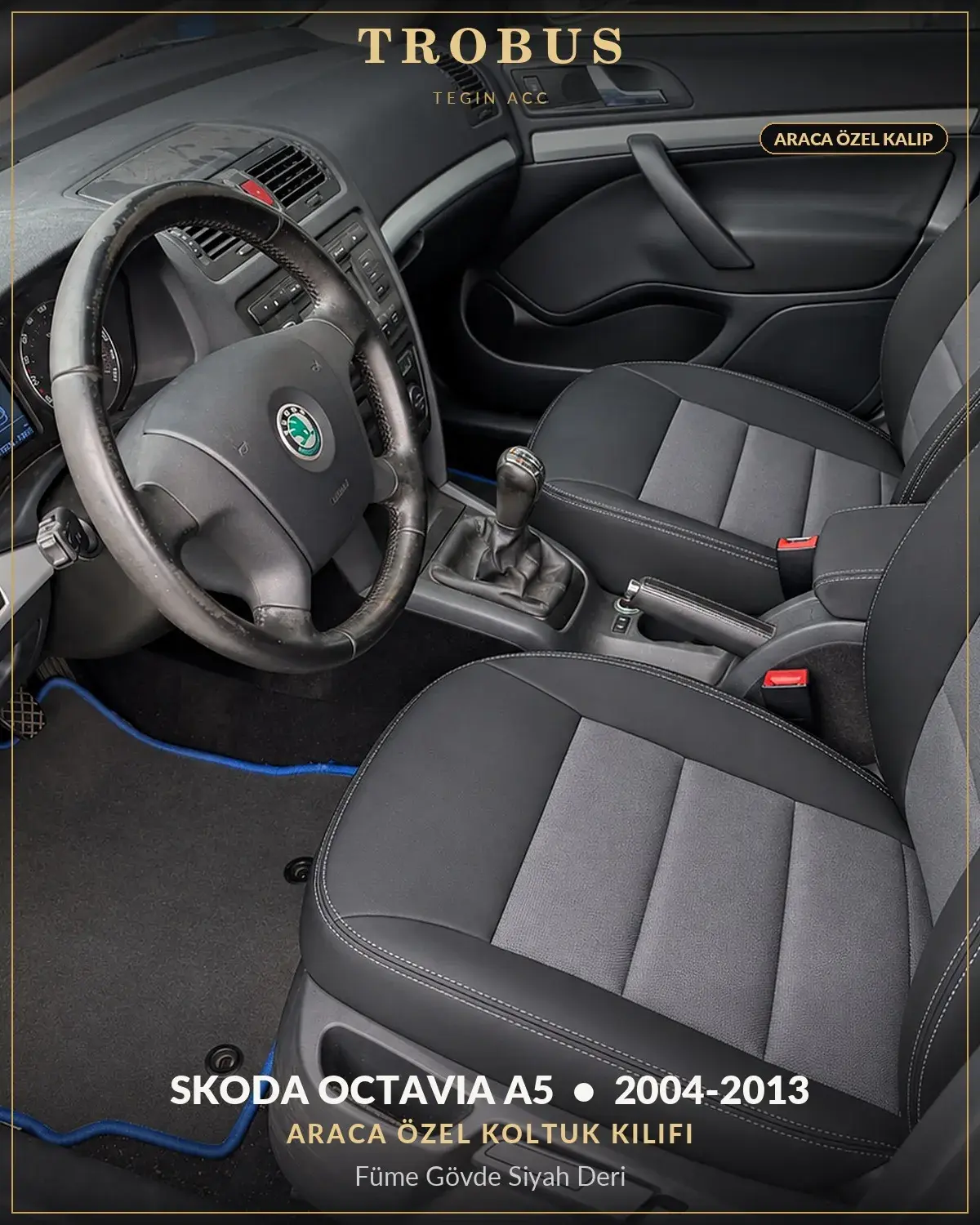 Skoda Octavia A5 2004-2013 Araca Özel Koltuk Kılıfı Füme Gövde Siyah Deri (1)