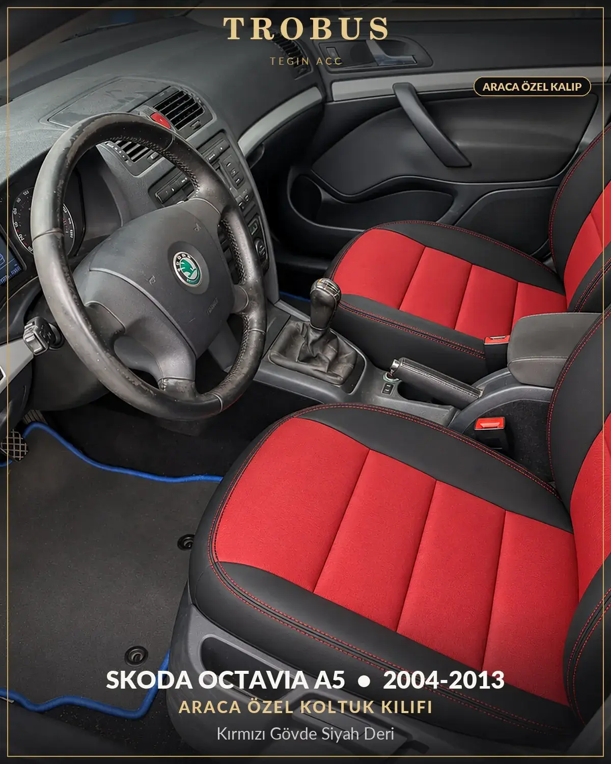 Skoda Octavia A5 2004-2013 Araca Özel Koltuk Kılıfı Kırmızı Gövde Siyah Deri (1)