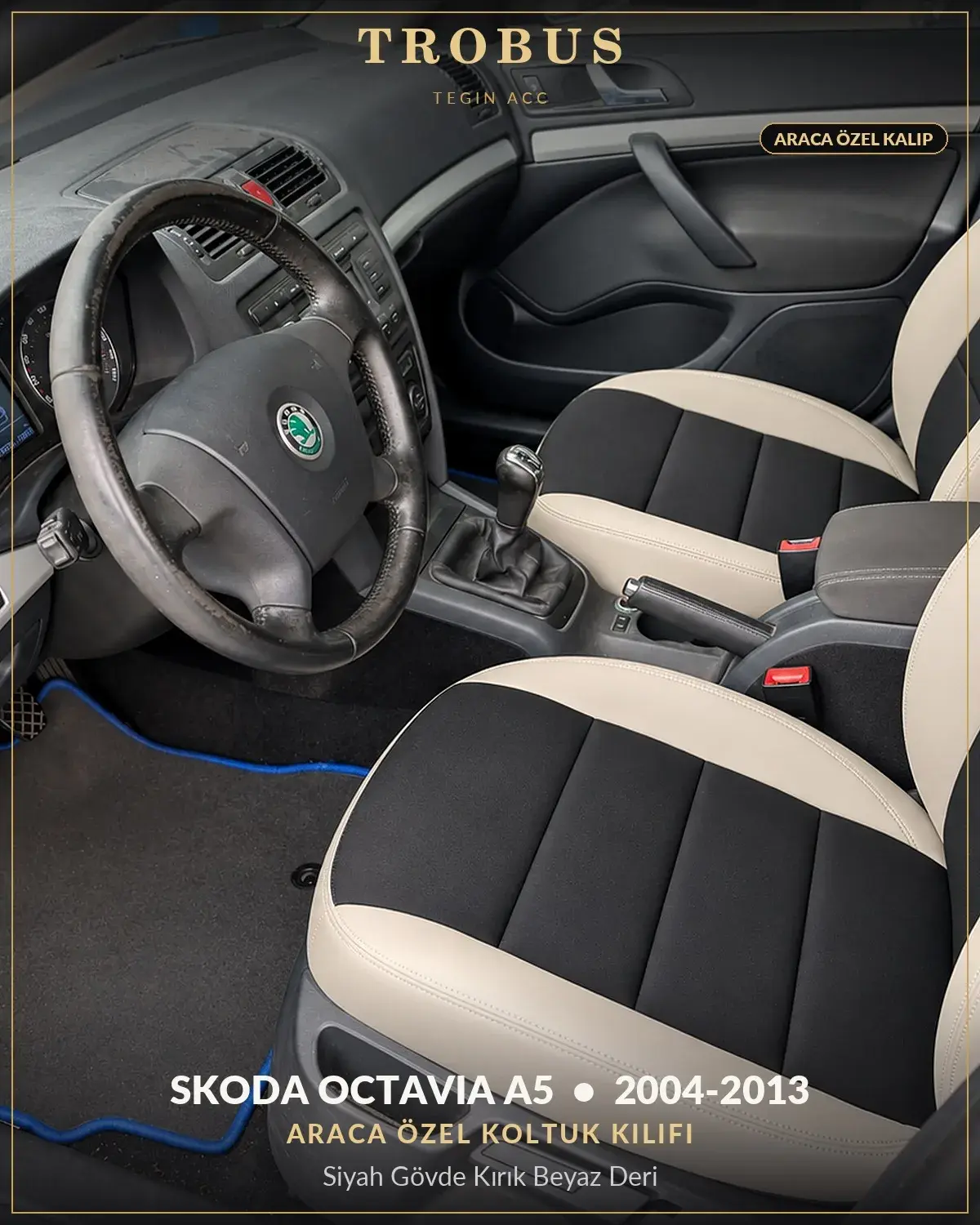 Skoda Octavia A5 2004-2013 Araca Özel Koltuk Kılıfı Siyah Gövde Kırık Beyaz Deri (1)