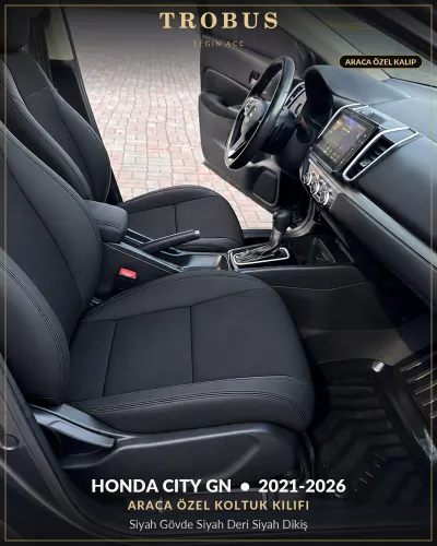 Honda City GN 2021-2026 Araca Özel Koltuk Kılıfı Siyah Gövde Siyah Deri Siyah Dikiş