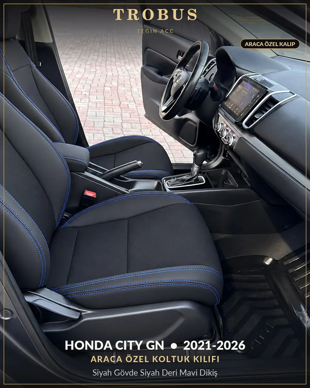 Honda City GN 2021-2026 Araca Özel Koltuk Kılıfı Siyah Gövde Siyah Deri Mavi Dikiş (1)