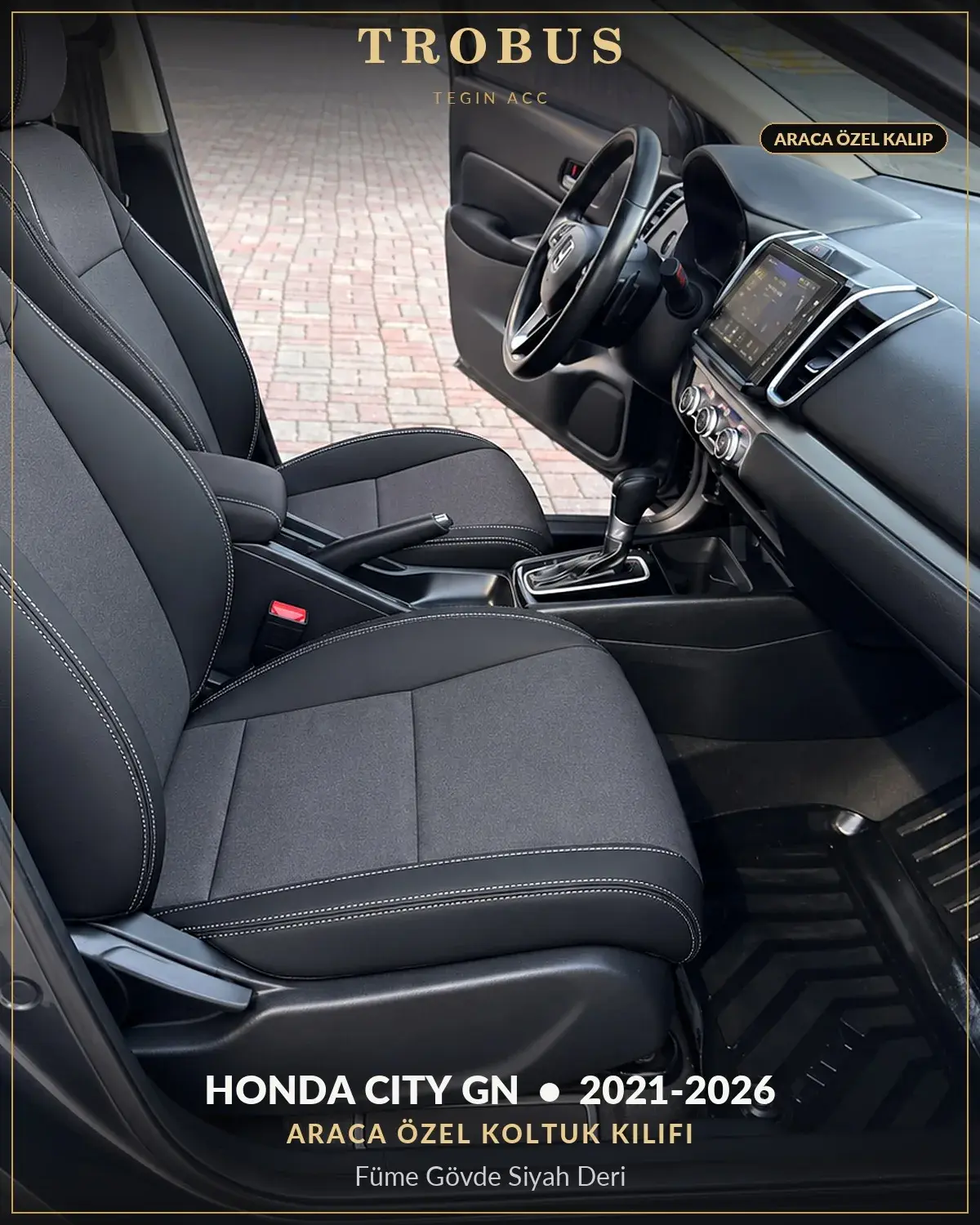 Honda City GN 2021-2026 Araca Özel Koltuk Kılıfı Füme Gövde Siyah Deri (1)