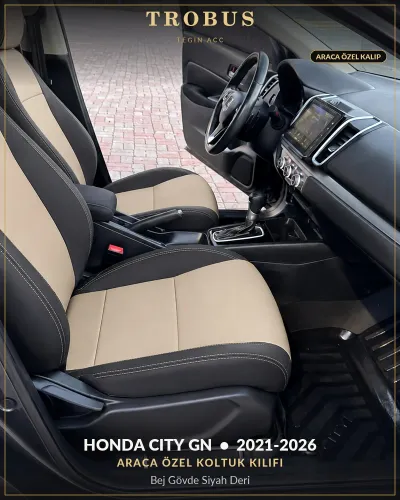 Honda City GN 2021-2026 Araca Özel Koltuk Kılıfı Bej Gövde Siyah Deri
