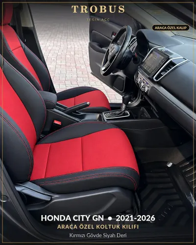 Honda City GN 2021-2026 Araca Özel Koltuk Kılıfı Kırmızı Gövde Siyah Deri