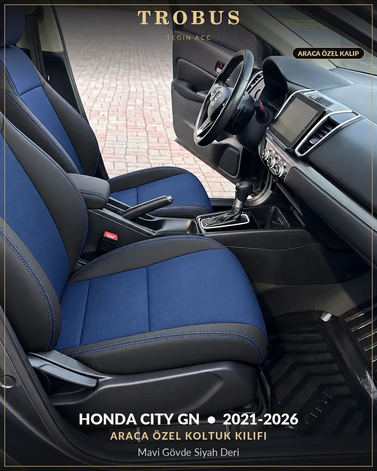 Honda City GN 2021-2026 Araca Özel Koltuk Kılıfı Mavi Gövde Siyah Deri (1)