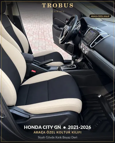 Honda City GN 2021-2026 Araca Özel Koltuk Kılıfı Siyah Gövde Kırık Beyaz Deri
