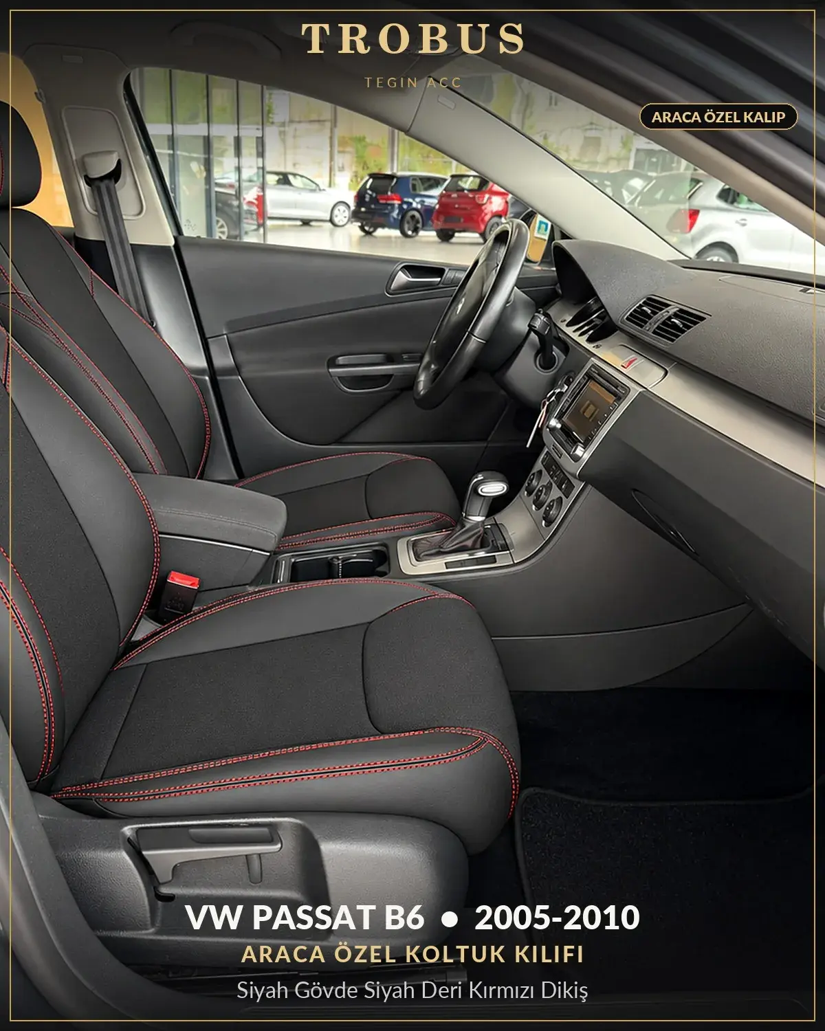 Volkswagen Passat B6 2005-2010 Araca Özel Koltuk Kılıfı Siyah Gövde Siyah Deri Kırmızı Dikiş (1)