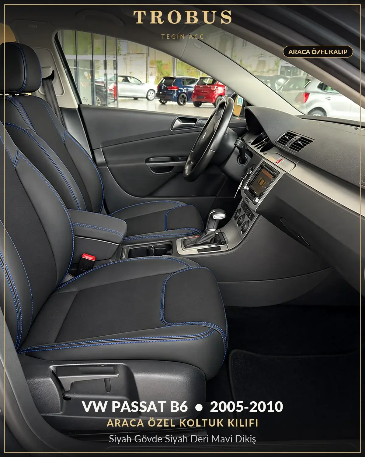 Volkswagen Passat B6 2005-2010 Araca Özel Koltuk Kılıfı Siyah Gövde Siyah Deri Mavi Dikiş (1)