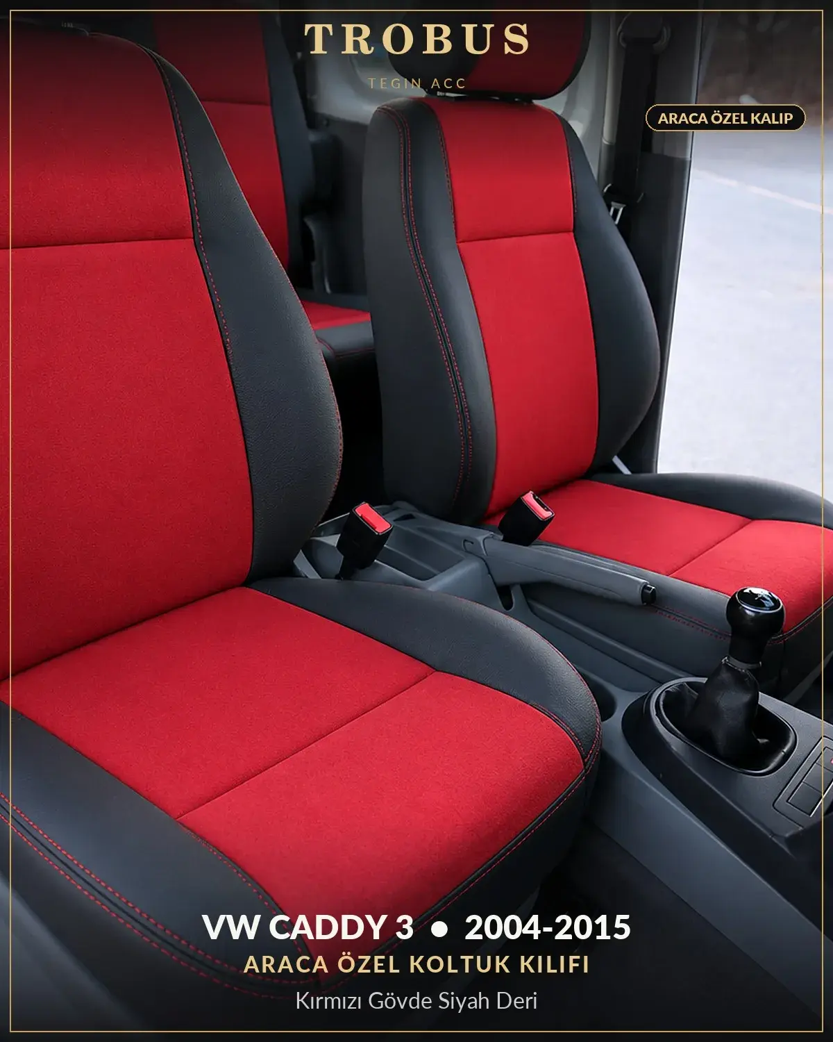 Volkswagen Caddy 3 2004-2015 Araca Özel Koltuk Kılıfı Kırmızı Gövde Siyah Deri (1)