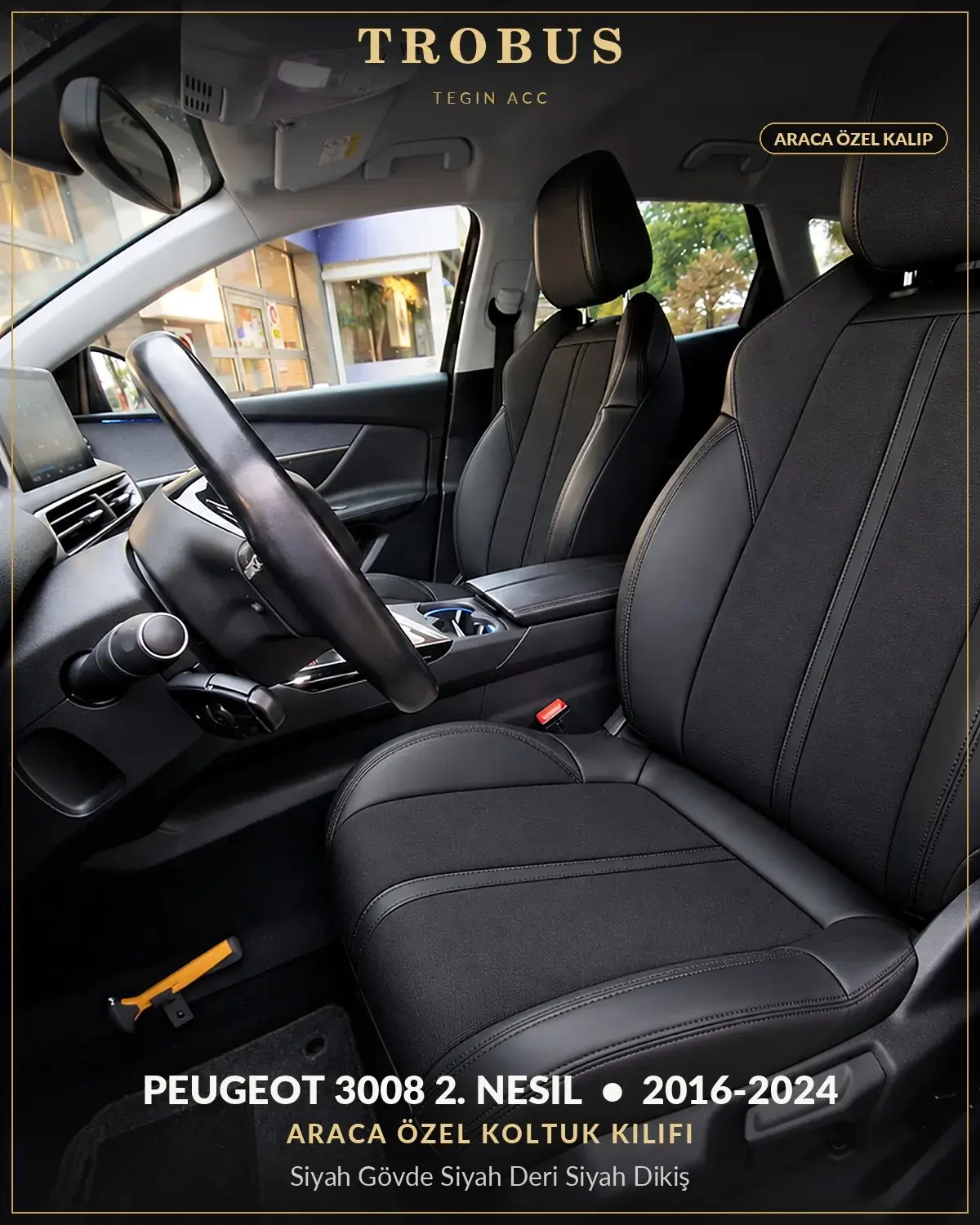 Peugeot 3008 2. Nesil 2016-2024 Araca Özel Koltuk Kılıfı Siyah Gövde Siyah Deri Siyah Dikiş (1)