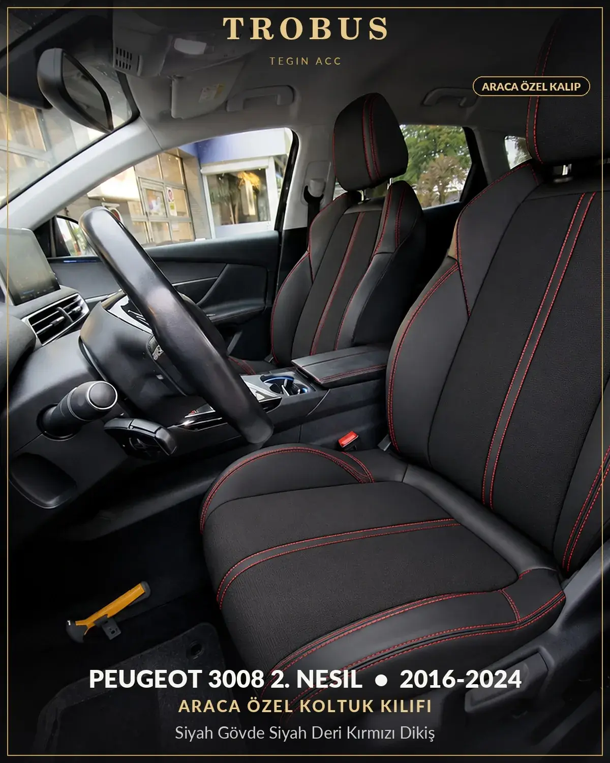 Peugeot 3008 2. Nesil 2016-2024 Araca Özel Koltuk Kılıfı Siyah Gövde Siyah Deri Kırmızı Dikiş (1)