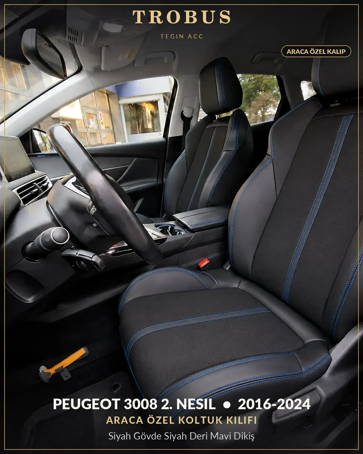 Peugeot 3008 2. Nesil 2016-2024 Araca Özel Koltuk Kılıfı Siyah Gövde Siyah Deri Mavi Dikiş (1)