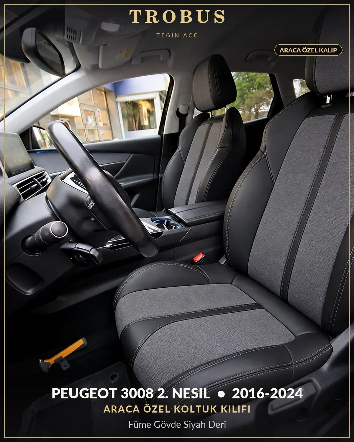 Peugeot 3008 2. Nesil 2016-2024 Araca Özel Koltuk Kılıfı Füme Gövde Siyah Deri (1)