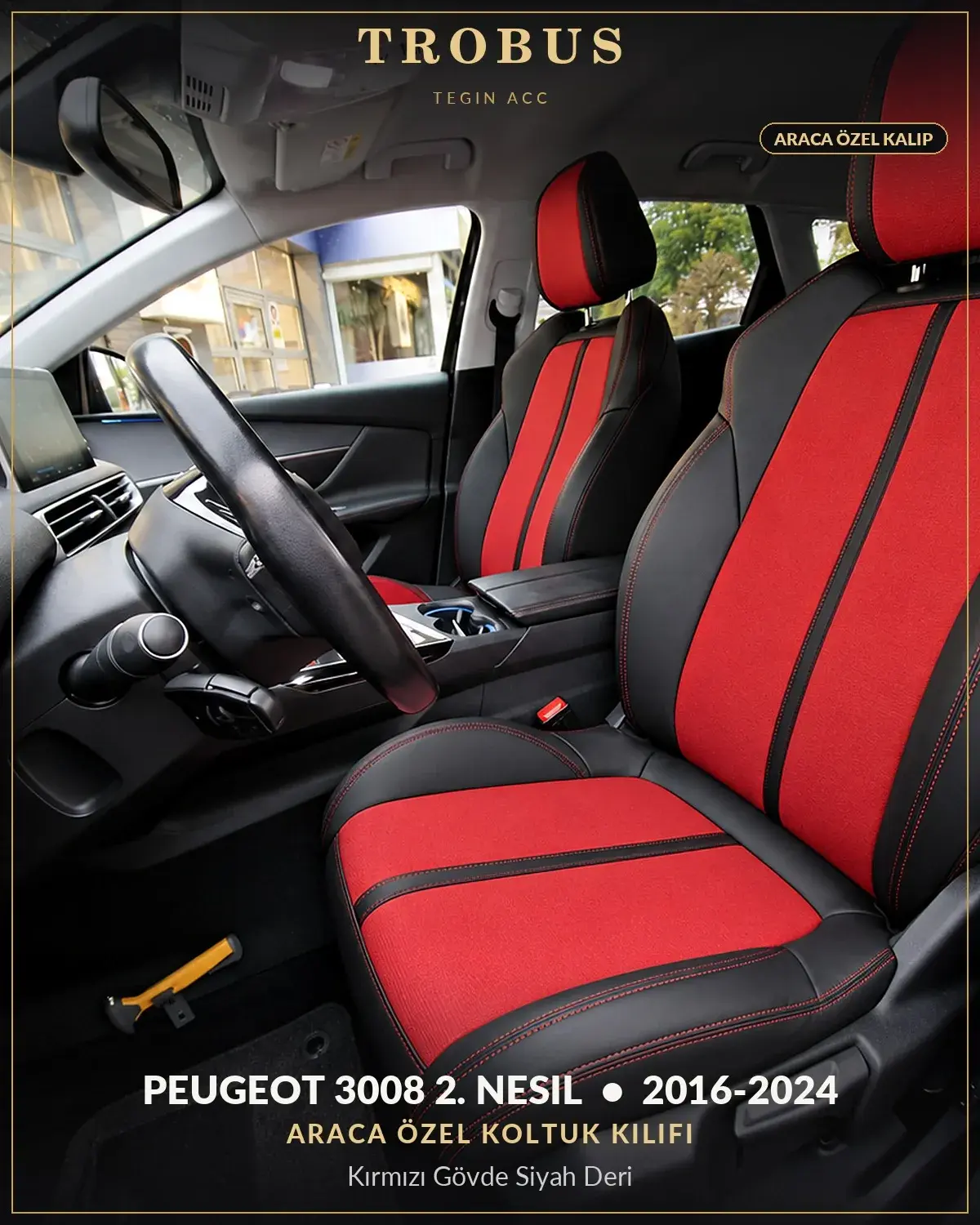 Peugeot 3008 2. Nesil 2016-2024 Araca Özel Koltuk Kılıfı Kırmızı Gövde Siyah Deri (1)