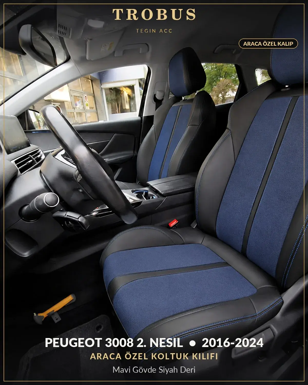 Peugeot 3008 2. Nesil 2016-2024 Araca Özel Koltuk Kılıfı Mavi Gövde Siyah Deri (1)