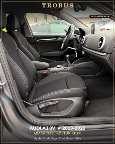 Audi A3 8V 2013-2020 Araca Özel Koltuk Kılıfı Siyah Gövde Siyah Deri Beyaz Dikiş