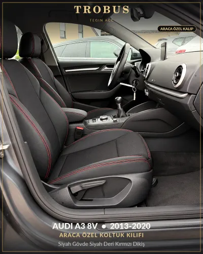 Audi A3 8V 2013-2020 Araca Özel Koltuk Kılıfı Siyah Gövde Siyah Deri Kırmızı Dikiş