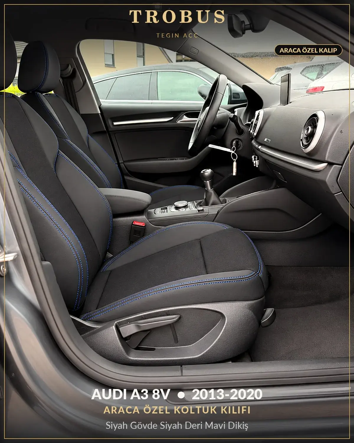 Audi A3 8V 2013-2020 Araca Özel Koltuk Kılıfı Siyah Gövde Siyah Deri Mavi Dikiş (1)