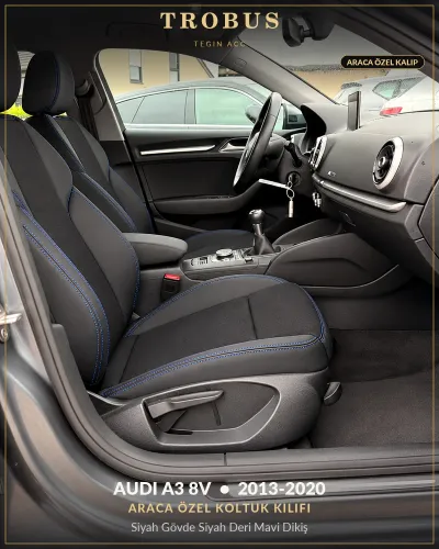 Audi A3 8V 2013-2020 Araca Özel Koltuk Kılıfı Siyah Gövde Siyah Deri Mavi Dikiş