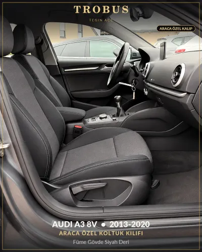 Audi A3 8V 2013-2020 Araca Özel Koltuk Kılıfı Füme Gövde Siyah Deri