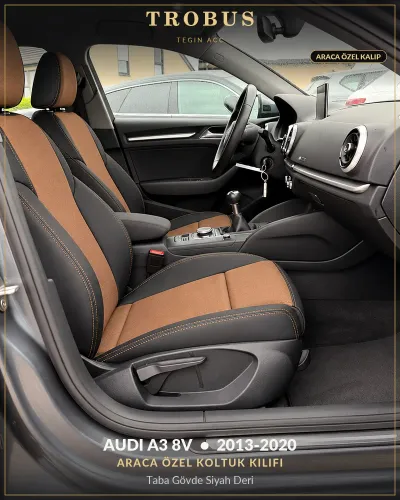 Audi A3 8V 2013-2020 Araca Özel Koltuk Kılıfı Taba Gövde Siyah Deri