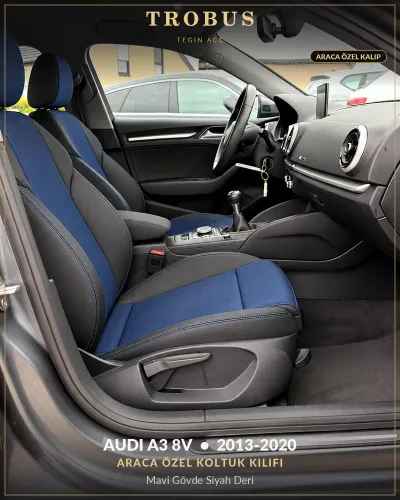 Audi A3 8V 2013-2020 Araca Özel Koltuk Kılıfı Mavi Gövde Siyah Deri