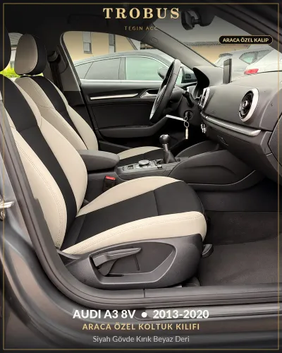 Audi A3 8V 2013-2020 Araca Özel Koltuk Kılıfı Siyah Gövde Kırık Beyaz Deri