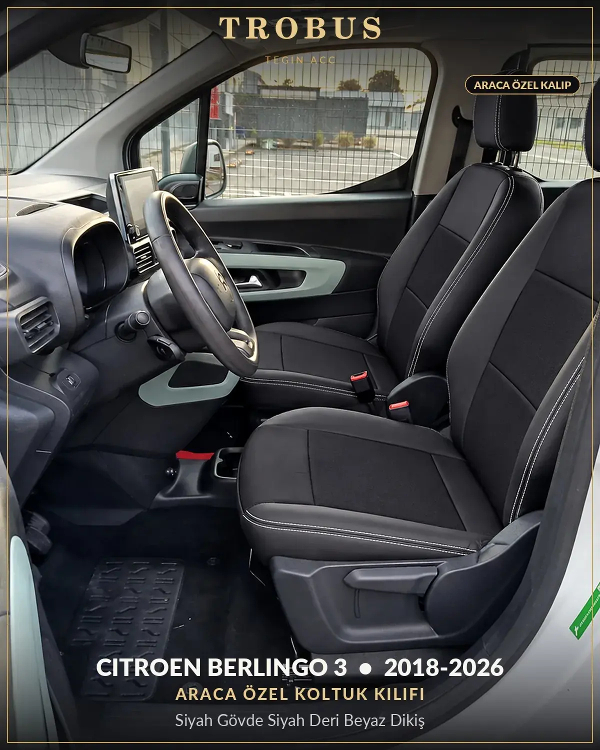 Citroen Berlingo 3 2018-2026 Araca Özel Koltuk Kılıfı Siyah Gövde Siyah Deri Beyaz Dikiş (1)