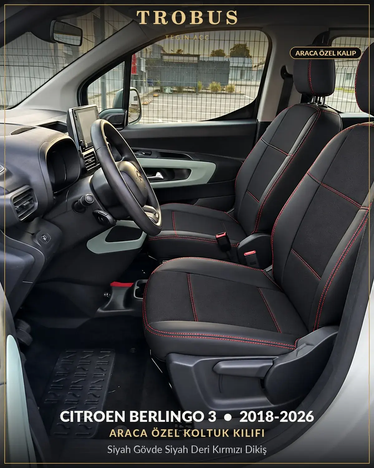 Citroen Berlingo 3 2018-2026 Araca Özel Koltuk Kılıfı Siyah Gövde Siyah Deri Kırmızı Dikiş (1)