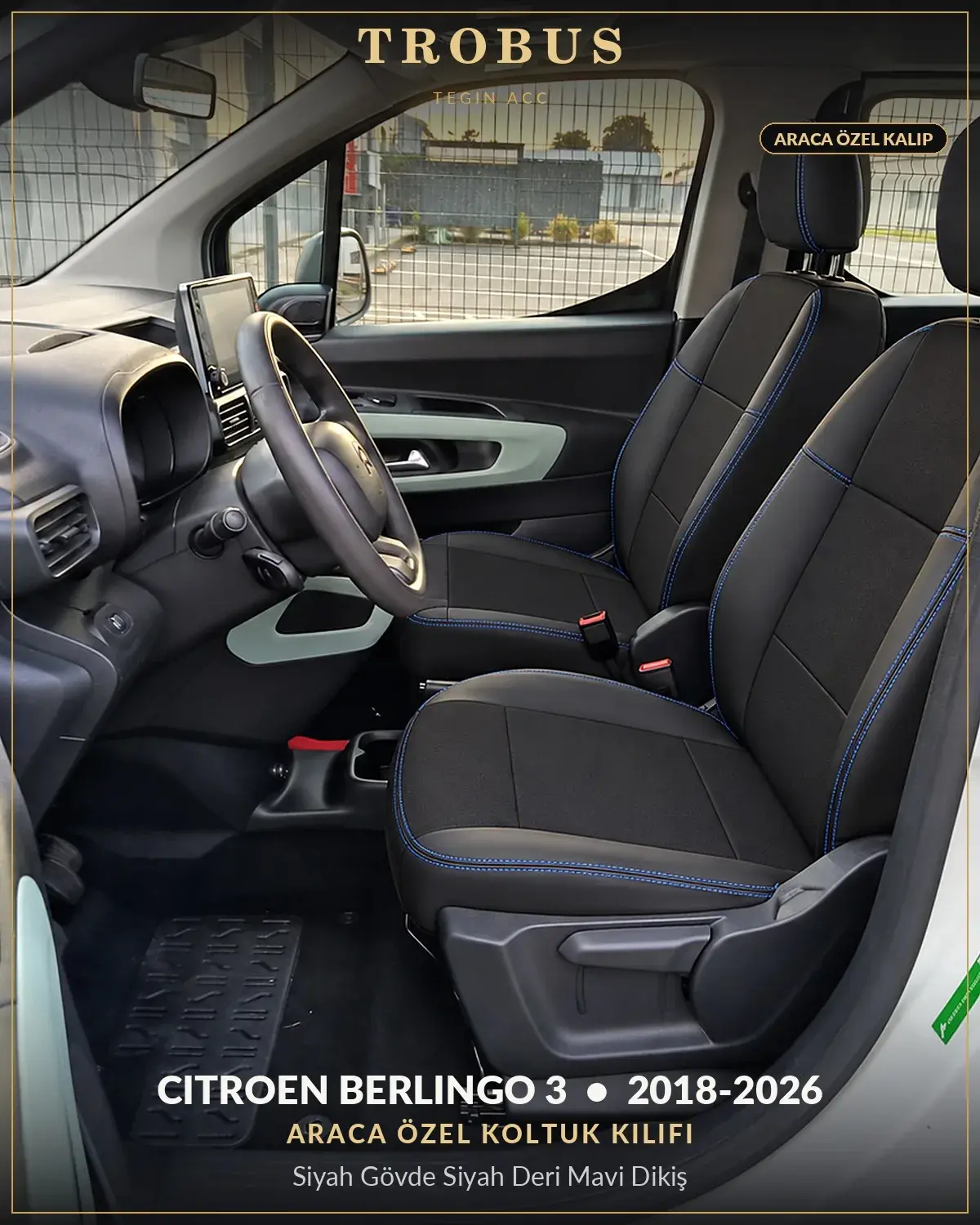 Citroen Berlingo 3 2018-2026 Araca Özel Koltuk Kılıfı Siyah Gövde Siyah Deri Mavi Dikiş (1)
