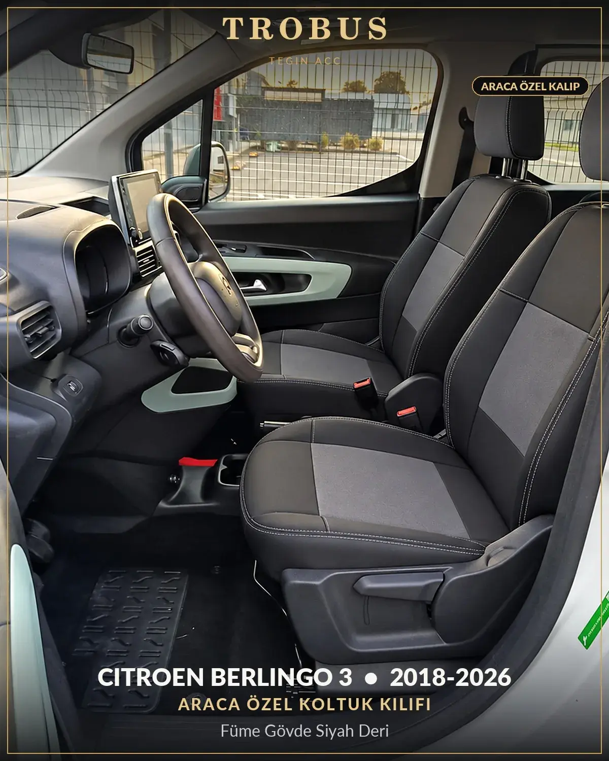 Citroen Berlingo 3 2018-2026 Araca Özel Koltuk Kılıfı Füme Gövde Siyah Deri (1)