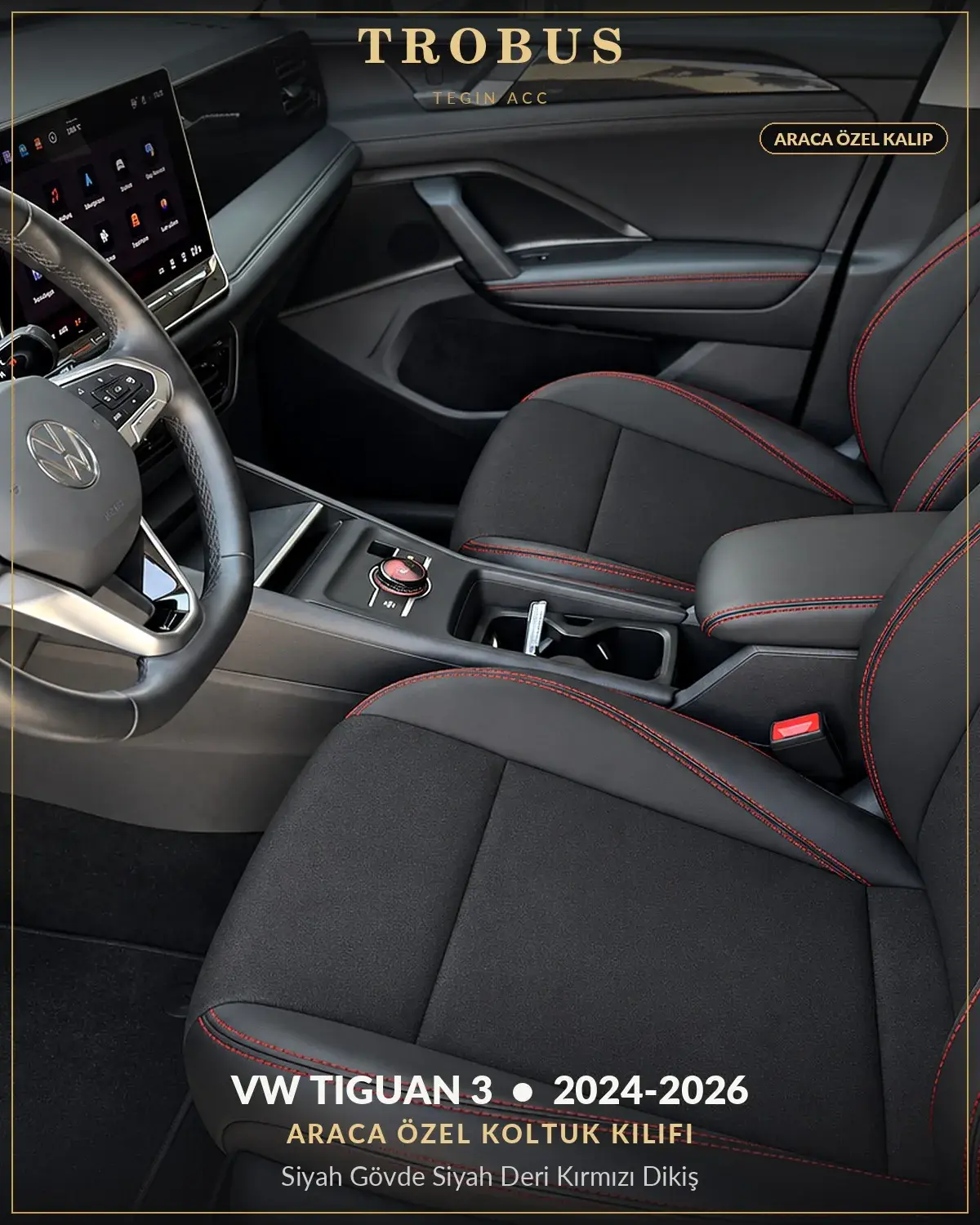 Volkswagen Tiguan 3 2024-2026 Araca Özel Koltuk Kılıfı Siyah Gövde Siyah Deri Kırmızı Dikiş (1)