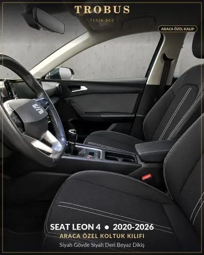 Seat Leon 4 2020-2026 Araca Özel Koltuk Kılıfı Siyah Gövde Siyah Deri Beyaz Dikiş
