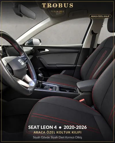 Seat Leon 4 2020-2026 Araca Özel Koltuk Kılıfı Siyah Gövde Siyah Deri Kırmızı Dikiş