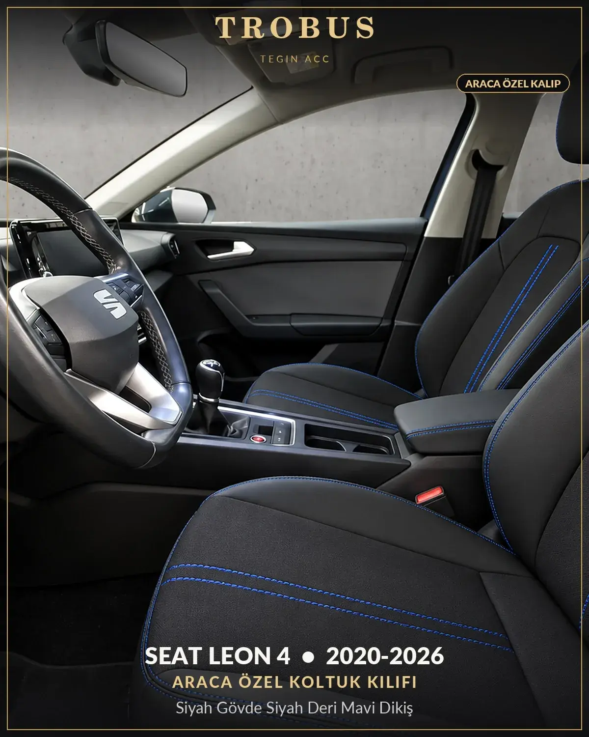 Seat Leon 4 2020-2026 Araca Özel Koltuk Kılıfı Siyah Gövde Siyah Deri Mavi Dikiş (1)