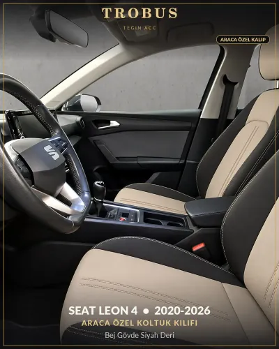 Seat Leon 4 2020-2026 Araca Özel Koltuk Kılıfı Bej Gövde Siyah Deri