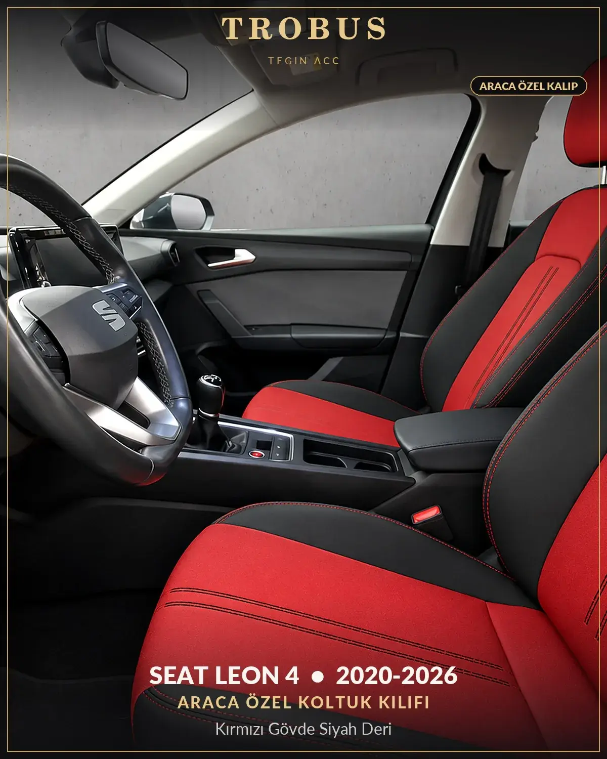 Seat Leon 4 2020-2026 Araca Özel Koltuk Kılıfı Kırmızı Gövde Siyah Deri (1)