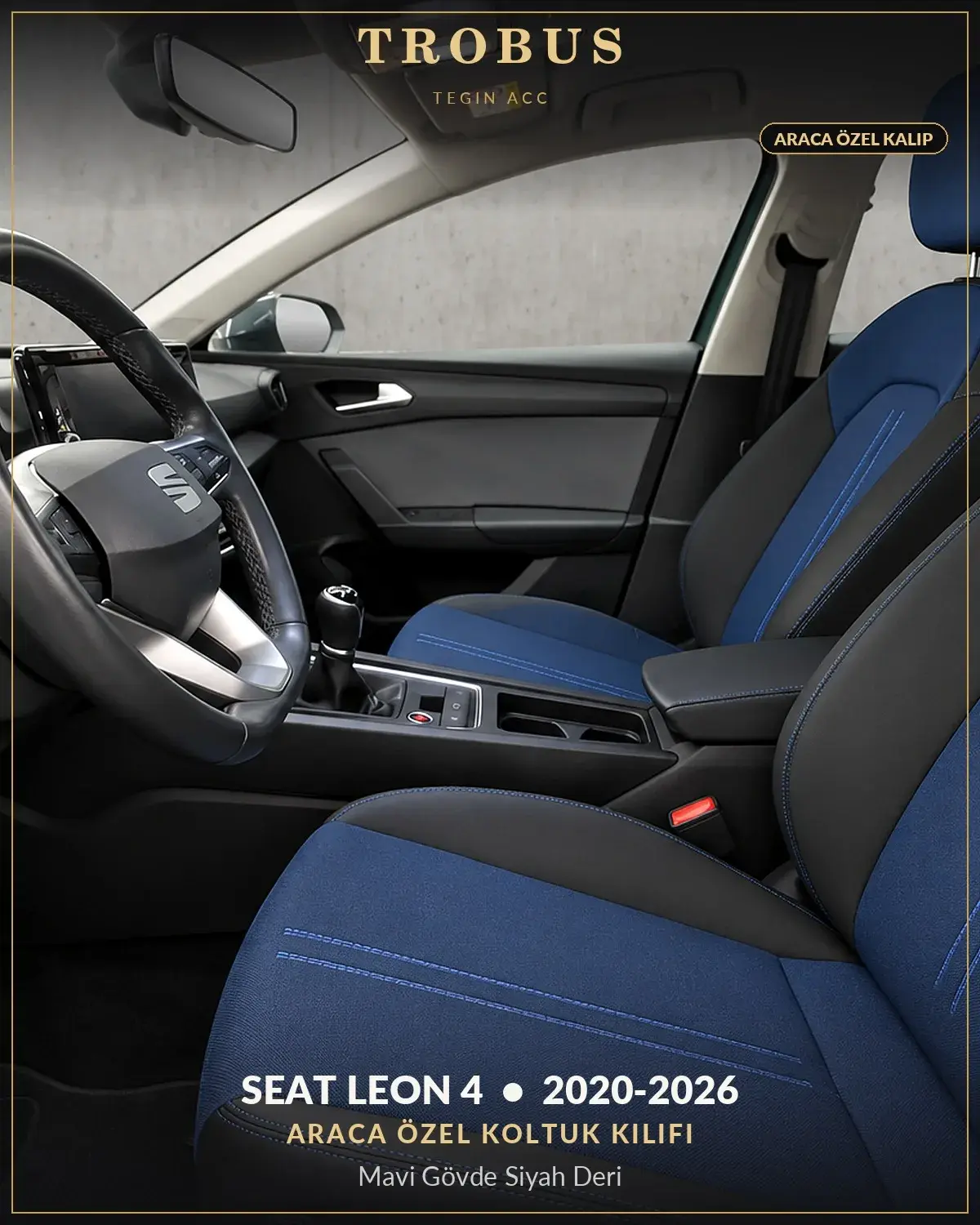 Seat Leon 4 2020-2026 Araca Özel Koltuk Kılıfı Mavi Gövde Siyah Deri (1)