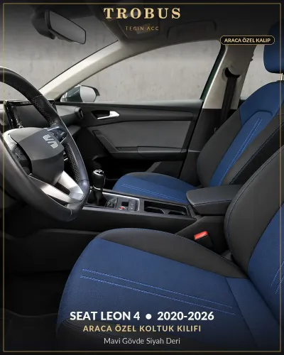 Seat Leon 4 2020-2026 Araca Özel Koltuk Kılıfı Mavi Gövde Siyah Deri